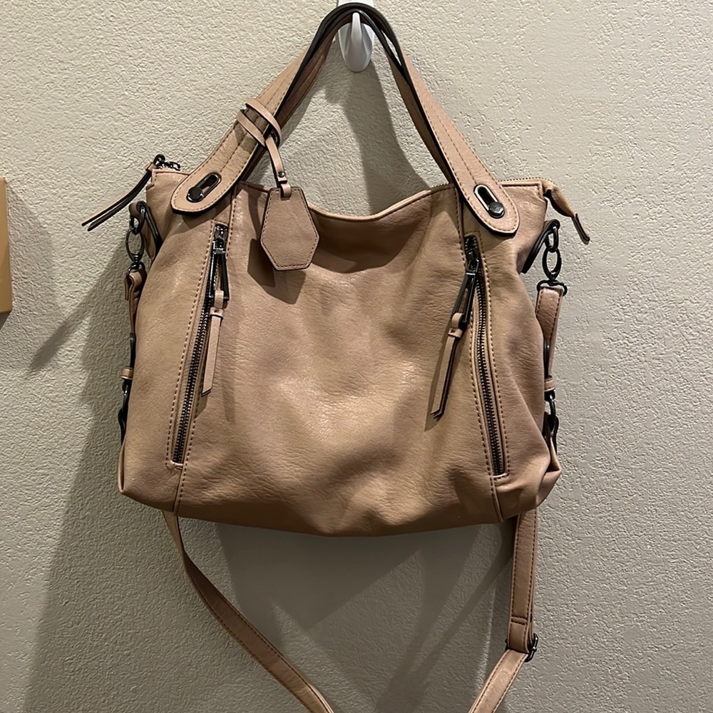Jessica Simpson Neutral beige purse satchel with crossbody strap black hardware